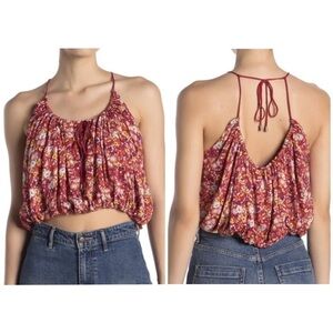 FREE PEOPLE Daisy Babe Red Orange Floral Cropped Bubble Strappy 90s Tank Top